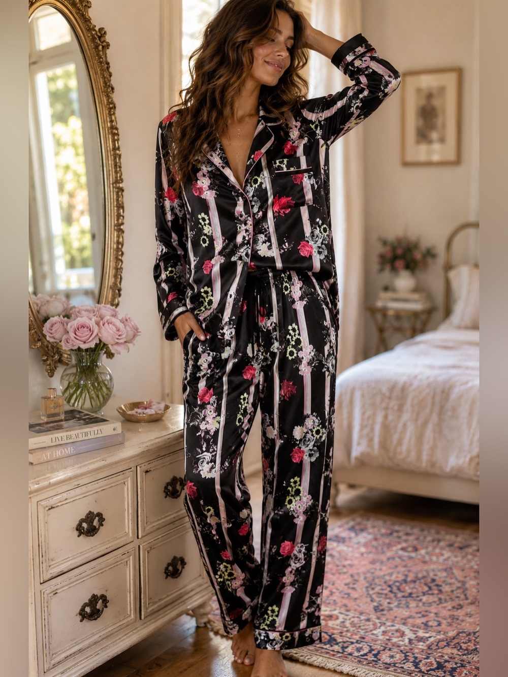 Victoria's Secret Black Floral-Striped Pajama Jacket